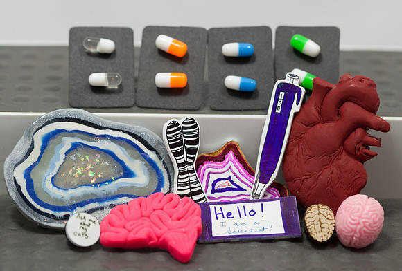 Pill earrings, shrinky dink pins, polymer clay organs pins